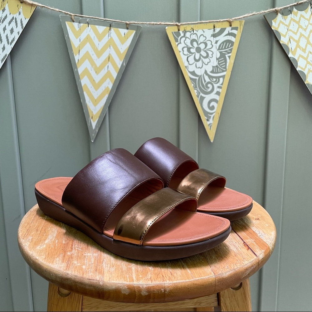 Fitflop Delta Slides Leather Sandals Espresso Bronze Mirror